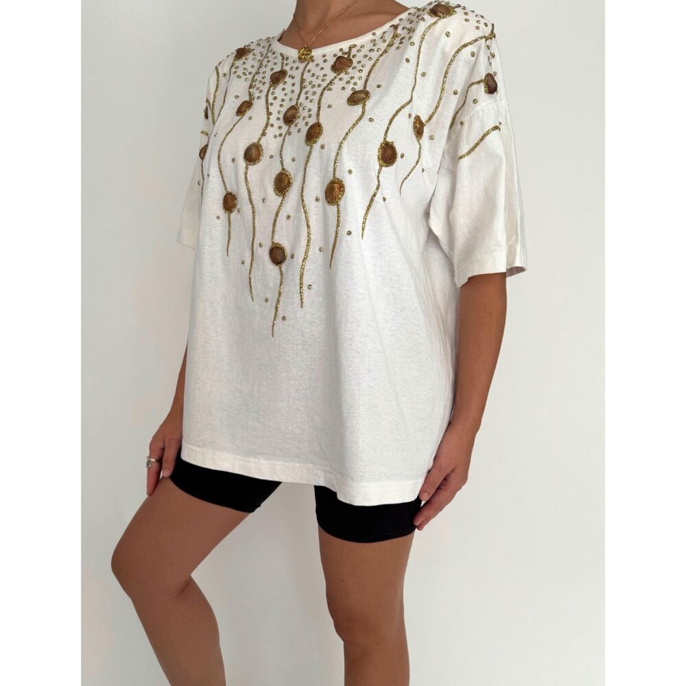 80s white gold seashell embellished funky retro beach vacation cotton tee shirt - Picture 3 of 9